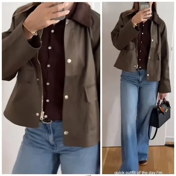 H&M Olive army Green oversized barn jacket corduroy collar - Picture 10 of 10